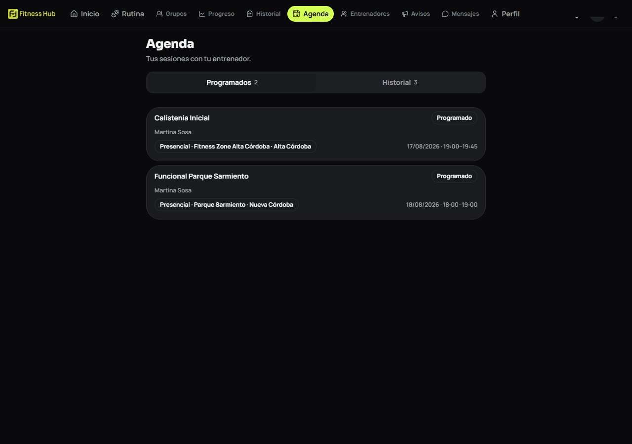 Agenda real de Fitness Hub vista desde la cuenta de un alumno, con sus sesiones programadas, lugar y horario