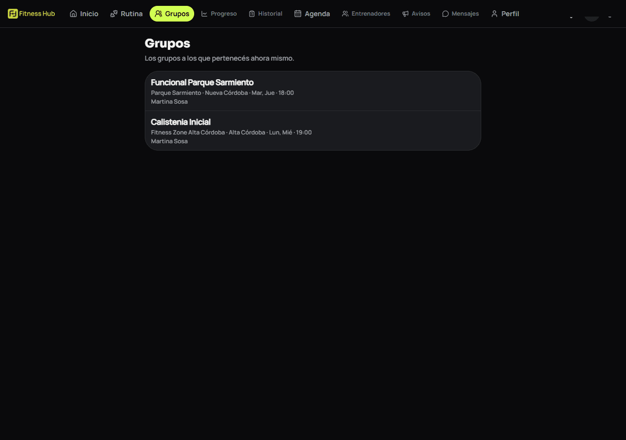 Grupos reales de Fitness Hub vistos desde la cuenta de un alumno, con horarios y ubicaciones