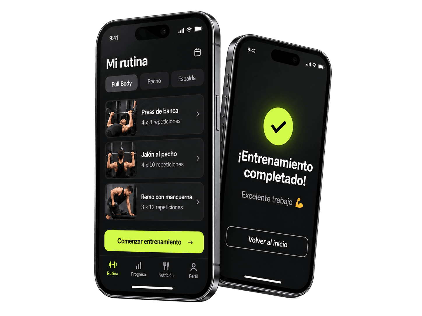 Dos iPhones ilustrativos con la rutina de un alumno y la pantalla de entrenamiento completado
