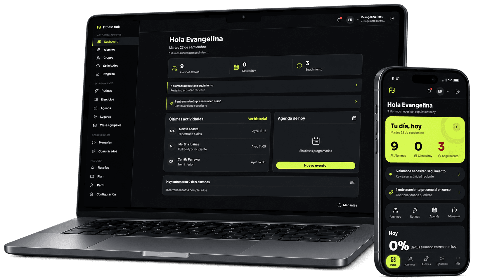 Panel de Fitness Hub para entrenadores en una MacBook y un iPhone